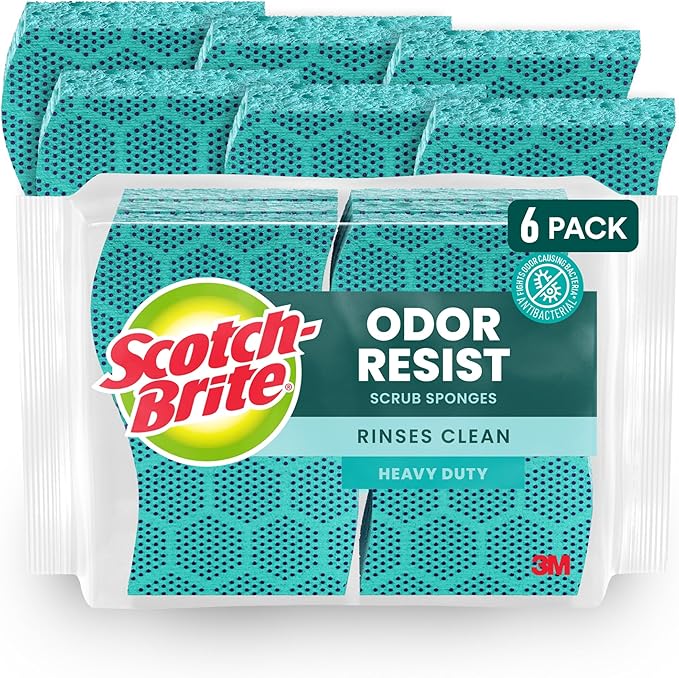 Scotch-Brite Odor Resist Heavy Duty Scrub Sponge, Dishwasher-Safe Kitchen sponges for Serious Scrubbing, Multipurpose Dish Sponge for Stuck-On Messes, 6 Scrubbing Sponges