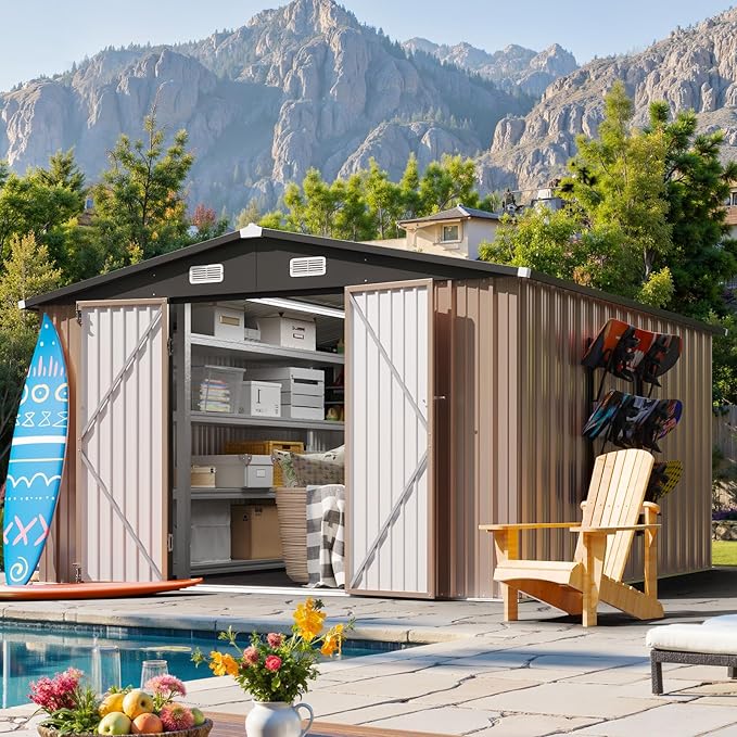 10x12 FT Outdoor Storage Shed, Utility Steel Tool Shed with Lockable Door and Air Vents, Galvanized Metal Shed for Garden Backyard Patio Lawn (10'x12', Brown)