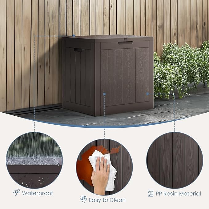 DUMOS 31 Gallon Deck Box, Lockable Outside Storage Box for Outdoor Use, Outside Waterproof Resin Package Delivery Box for Backyard Patio Garden, Brown