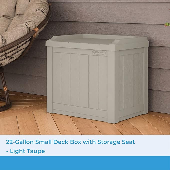 Suncast Outdoor Storage Box - 22 Gallon Light Taupe Resin Outdoor Deck Box with Seat, Weatherproof Patio Storage Bin Container for Keeping Cushions, Tools & Towels for Pool, Yard, & Garden
