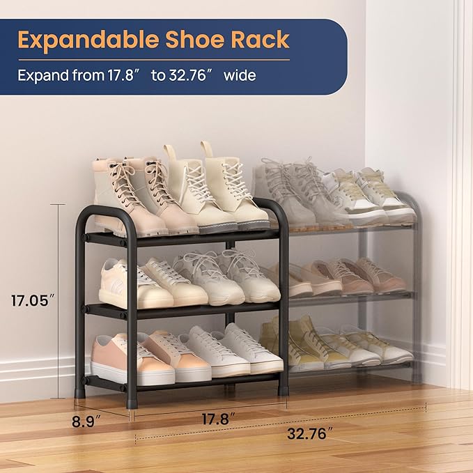 ENJOYBASICS Expandable Shoe Rack, 3 Tier Adjustable Shoe Organizer Shelf for Closet, Black Metal Free Standing Shoe Rack Storage for Small Space, Entryway | Adjustable, for Closet, Shoe Rack Storage, for Small Space, Entryway