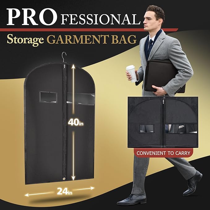 40-inch Suit Bag Garment Bag for Travel and Storage, Garment Bags for Hanging Clothes with Zipper and Visible Transparent Window,1 Pack，Black