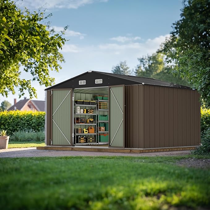 JUMMICO 10 x 8 FT Outdoor Storage Shed, Large Metal Garden Shed & Tool Sheds for Backyard Garden Patio Lawn (Brown)