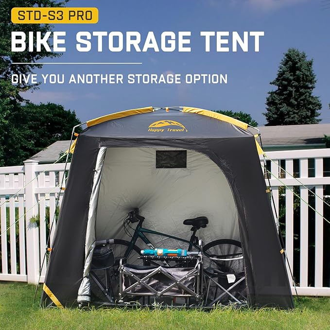 Happy Travel Bike Storage Shed Tent, Waterproof Portable Bike Cover with 40% More Top Space for 2/3/4/5 Bikes,Clips Easy Setup Sheds Shelter with Lockable Bicycle Design for Garden Tools, Lawn Mower