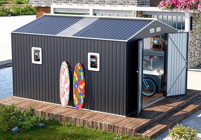 10x12 FT Outdoor Metal Shed,Unique Clear Roof Window Lockable Double Door Air Vent,Waterproof Heavy Duty Reinforced Frame Sheds for Garden Yard Storage Large Lawnmower Tool,Dark Grey