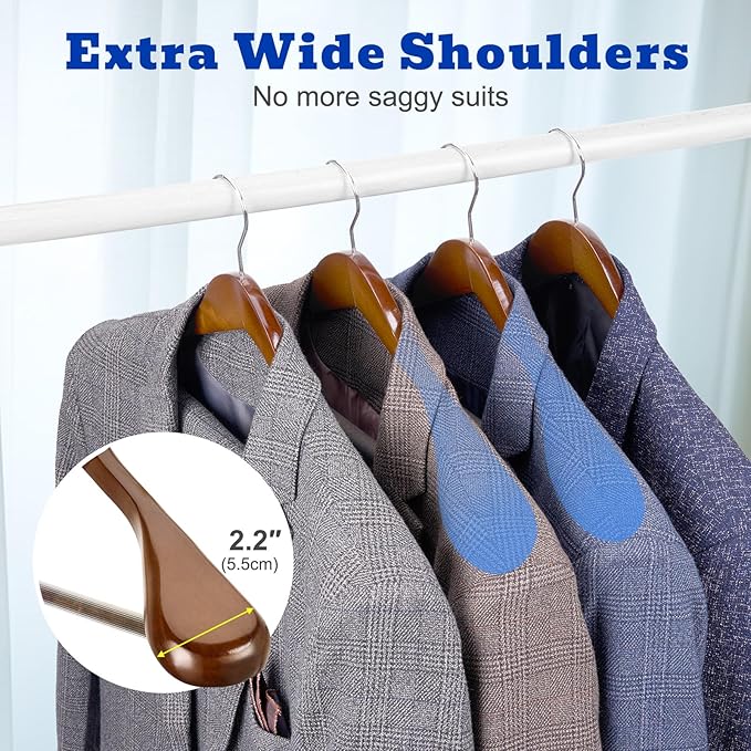 HOUSE DAY Wood Suit Hangers for Men, Smooth Wide Shoulder Wooden Hanger with Non Slip Pant Holder, Wide Hangers for Suits, Coats, Jackets, Heavy Wide Clothes Hanger 2 Pack, Walnut