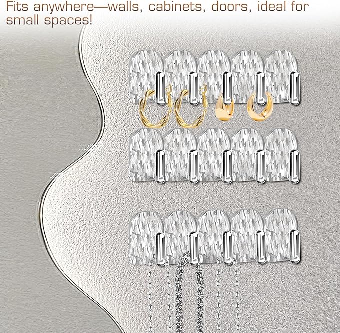 Gesodant 8 Pack Hanging Jewelry Organizer, Self-adhesive Jewelry Hooks, Clear Wall Mounted Jewelry Hanger, Necklace Display Holder, 40 Hooks in Total