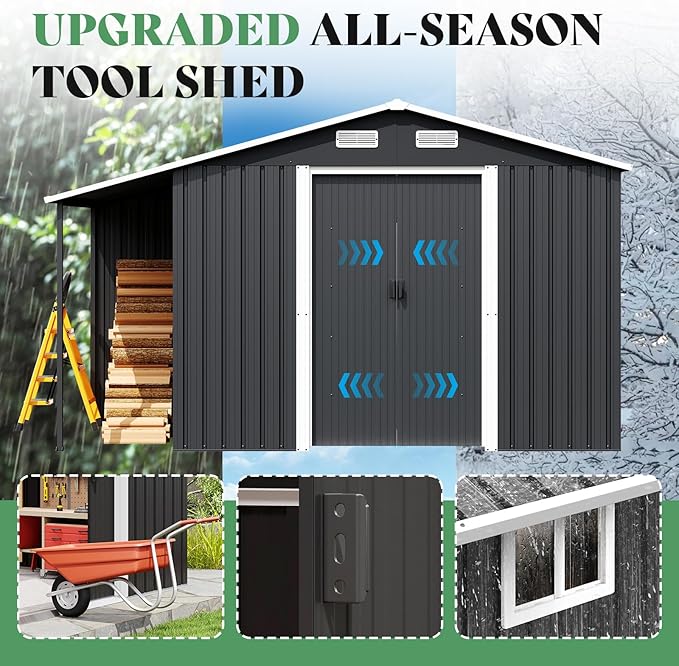 Jocisland 10.6x6.8x6.3 FT Outdoor Storage Shed with Sliding Doors, Two 4-Pane Windows, Open-Air Design Outdoor Shed for Wood Storage, Dark Grey/White