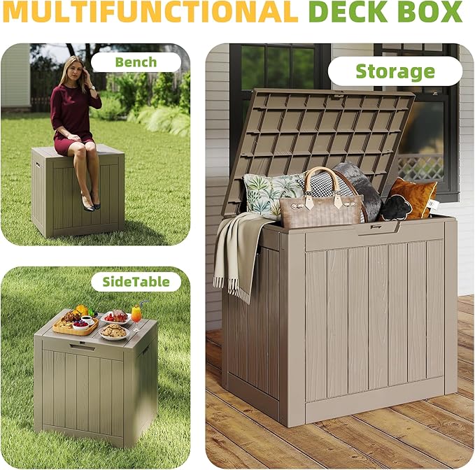 30 Gallon Waterproof Resin Deck Box, UV Resistant Outdoor Storage for Garden, Patio, Porch, Delivery（Grey，30 Gallon）