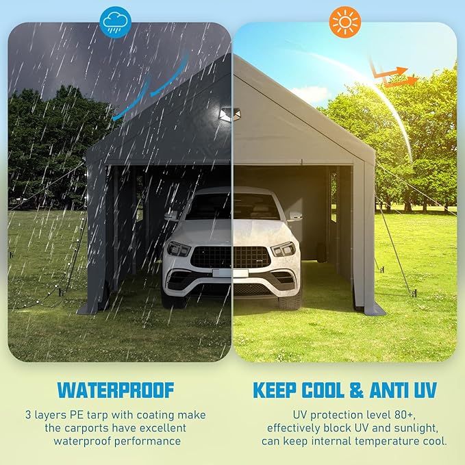 Carports Canopy 12x20 Heavy Duty, Portable Car Port Garage with Roll Up Drive Through Doors, Grey