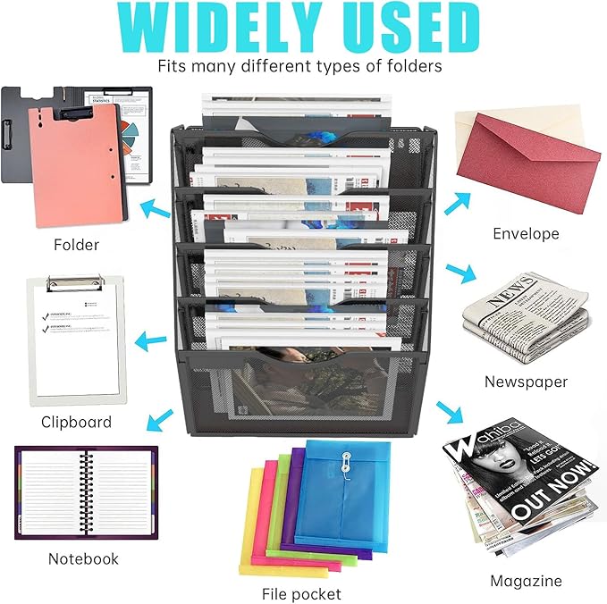5 Tier Magnetic File Holder for File Cabinets, Refrigerator, Whiteboard, Office, No Drilling Installation Large Capacity Black Magnetic File Holder