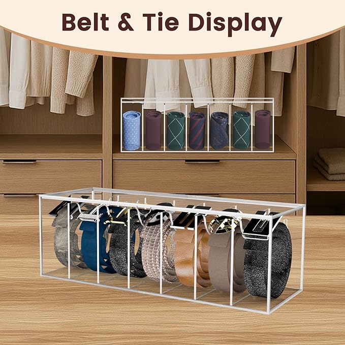 Acrylic Belt Organizer with Separated Cover, 7 Compartment Clear Storage Case for Belts, Ties & Bow Ties | Closet & Drawer Display Holder for Men & Women Dust-proof Rack