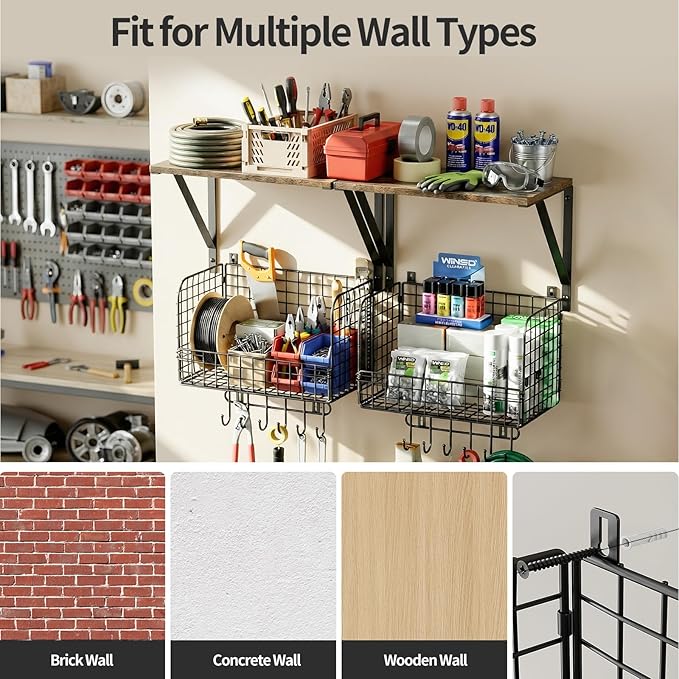 Housolution Garage Shelving Wall Mounted, Heavy-Duty Garage Wall Shelving with Baskets & Hooks Supports up to 154 LBS in Total, Tool Storage Organizer for Home, Garden, Kitchen, Laundry Room