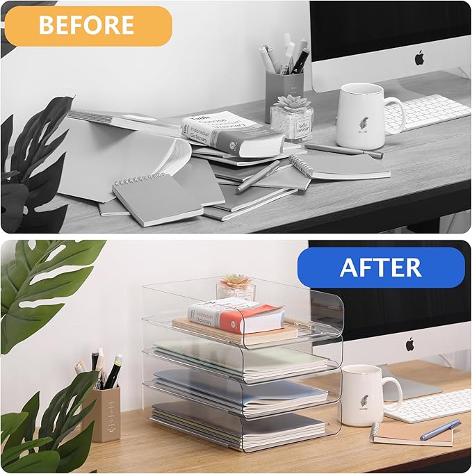 Set of 4 Office Organization and Storage, Clear PET Letter Tray Desk Organizer, Stackable Document Organizer and File Paper Organizer for Office Supplies