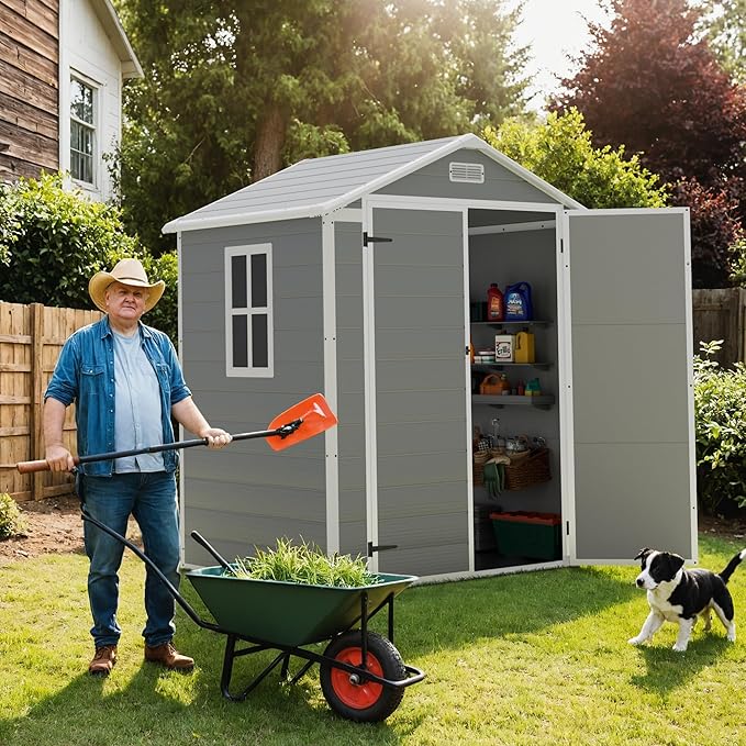 Greesum 6x4FT Plastic Outdoor Storage Shed, Resin Shed with Floor and Window, Tool Sheds with Lockable Door and Vent, for Garden, Garage, Lawn, Light Gray