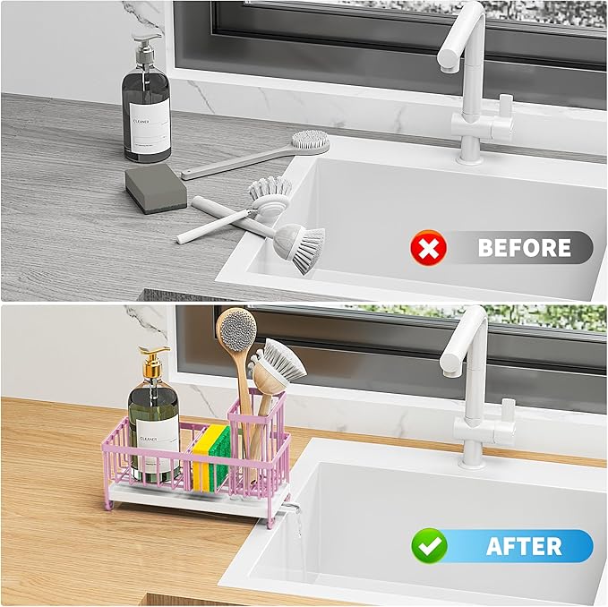 Cisily Sponge Holder for Kitchen Sink, Sink Caddy Organizer with High Brush Holder, Kitchen Countertop Organizers and Storage Essentials, Rustproof 304 Stainless Steel (Pink, 9.25″)