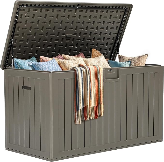 YITAHOME 220 Gallon Extra Large Deck Box, Double-Wall Resin Outdoor Storage Box with Flexible Divider for Patio Cushions Pool Supplies Garden Tools, 990 lbs Load Capacity, Lockable (Light Brown)