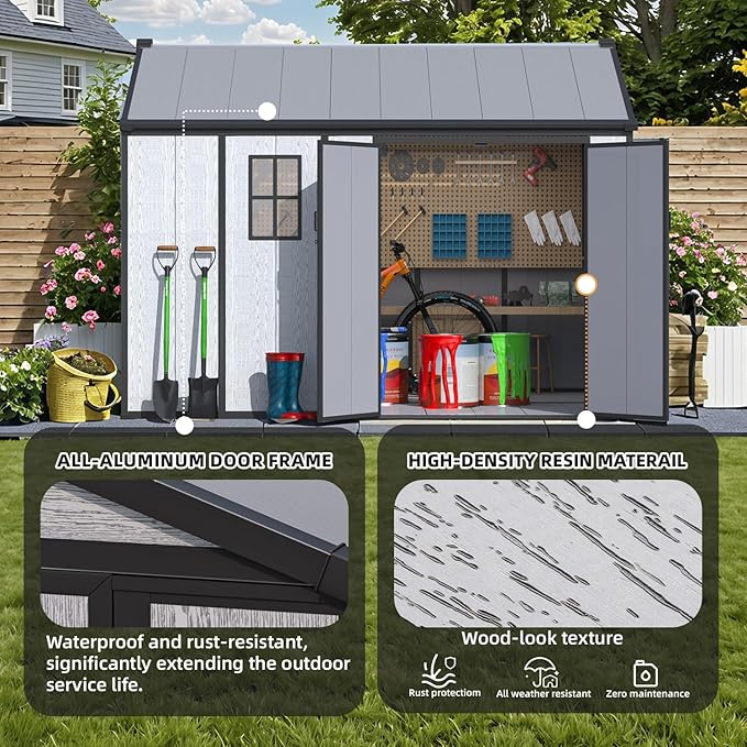 MELLCOM 10 x 8 FT Resin Outdoor Storage Shed with Floor, Resin Outdoor Storage Tool Shed with Windows and Lockable Door, Garden Shed for Lawnmower, Bike, Pool Supply