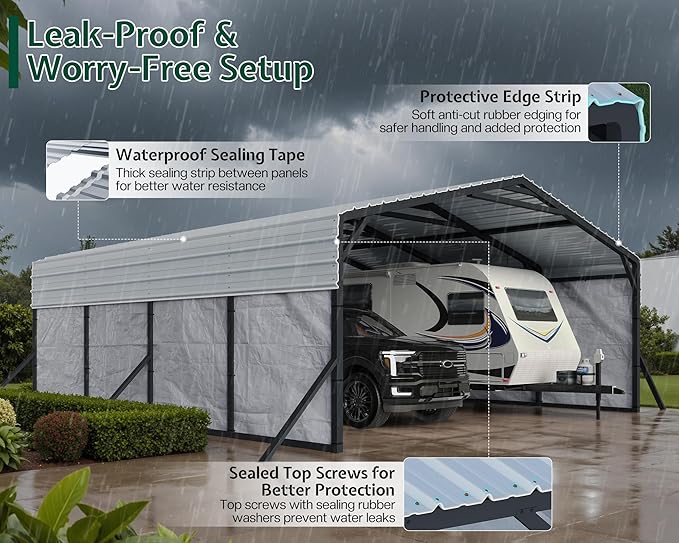Jocisland 20x20 FT Heavy Duty Metal Carport, All-Weather Car Carport with Waterproof Removable Sidewall, Galvanized Steel Roof & Reinforced Base, Canopy for Bass Boats, Full-Sized Pickups and Tractors