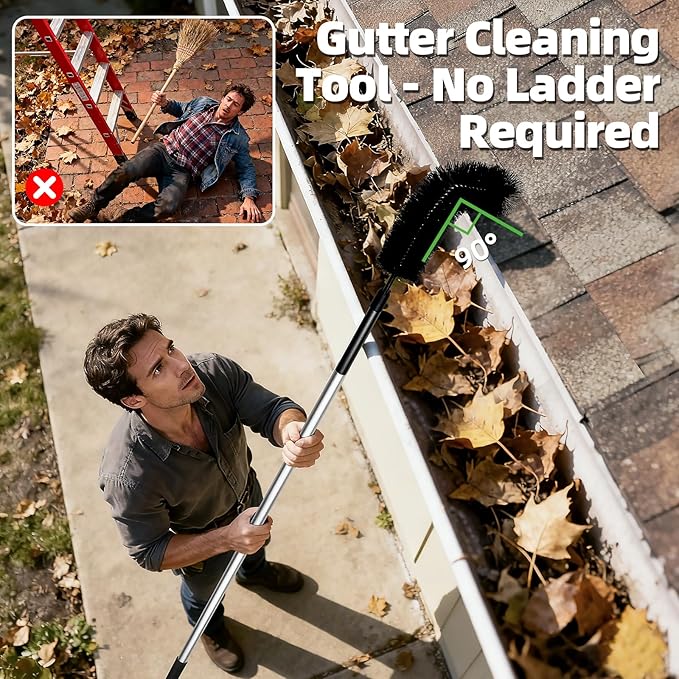 13FT Gutter Cleaner Tools, Long-Reach Rain Gutter Cleaning Brush, Removes Leaf Debris from Roof Gutters Without a Ladder, Leaf Cleaning Kit with 2 Brushes and Storage Bag, Black
