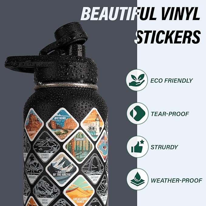 National Parks Water Bottle – 32 oz Insulated Stainless Steel Bottle with 63 Hand-Drawn Park Stickers, Carrier Bag, Strap & Gift Box – BPA-Free – Ideal for Hiking, Camping & Travel