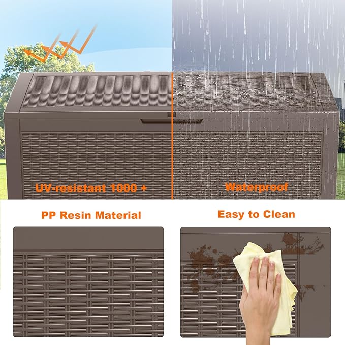 120 Gallon Resin Deck Box, Lockable Patio Outdoor Storage Box for Furniture, Garden Tools and Tools Storage, Waterproof Outside Storage Boxes - Grey