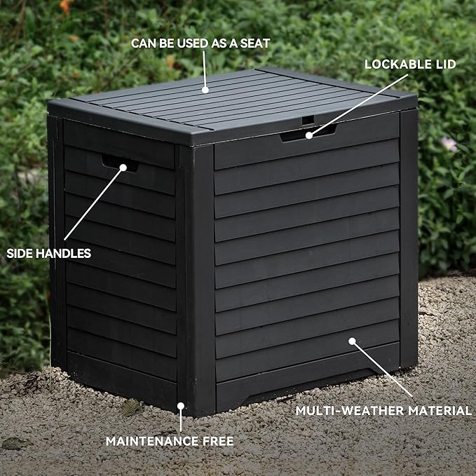 DWVO Louvered Large Deck Box, 35 Gallon Resin Outdoor Storage Box for Patio Furniture, Garden Tools and Pool Supplies, Lockable Lid and Side Handles, Waterproof and UV Resistant, Black