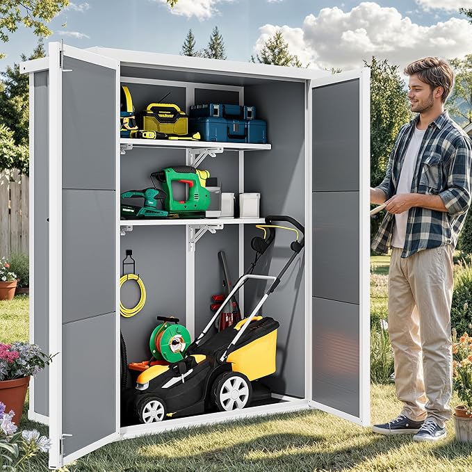 DWVO 50 Cuft Outdoor Tall Storage Shed with 2 Shelves, 4.3x2x5.5ft Vertical Tool Shed with Floor & Lockable Doors, Sturdy Double-Wall Plastic Cabinet for Garbage Cans and Garden Equipment (Gray)