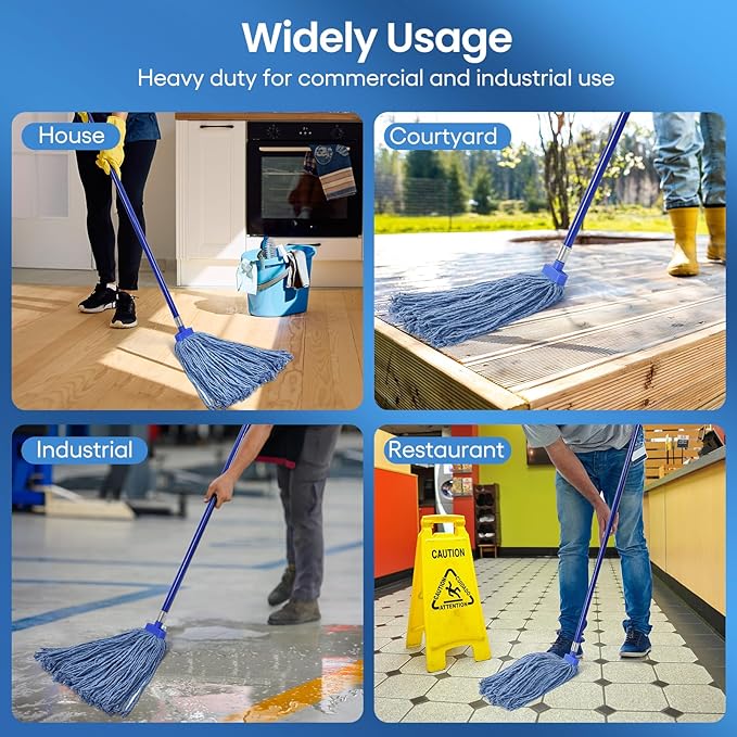 Matthew Cleaning Screw-on Heavy Duty Cotton Wet Mop Replacement Heads(Blue, Medium,12 Pack) with 2 Pack Microfiber Cloth for Residential & Commercial Floor Cleaning Use- Fit Standard American Screw