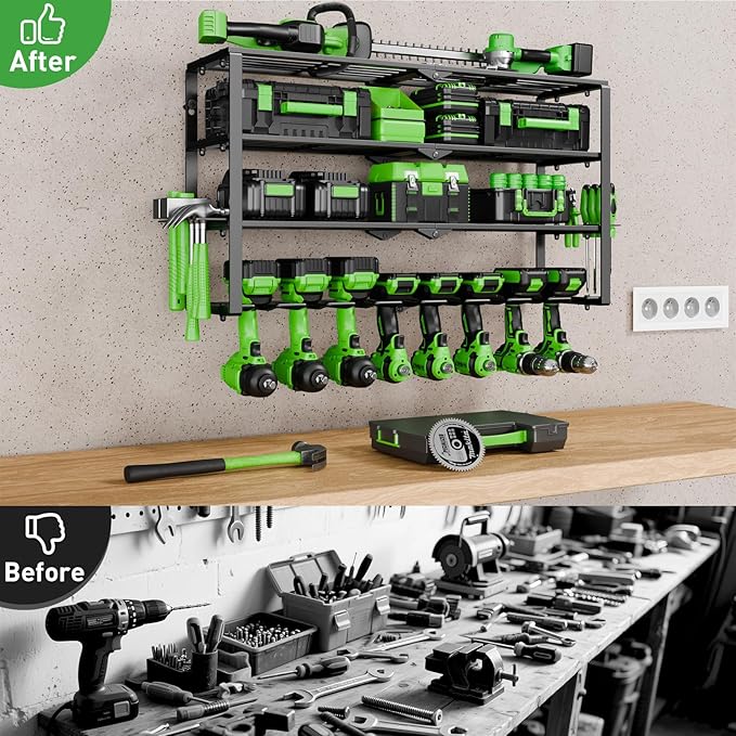 Power Tool Organizer Wall Mount, 4 Layers Tool Storage Rack with 8 Cordless Drill Holders, Power Tool Shelf Loads 400lbs for Garage, Warehouse, Workshop, Gifts for Men, Husband