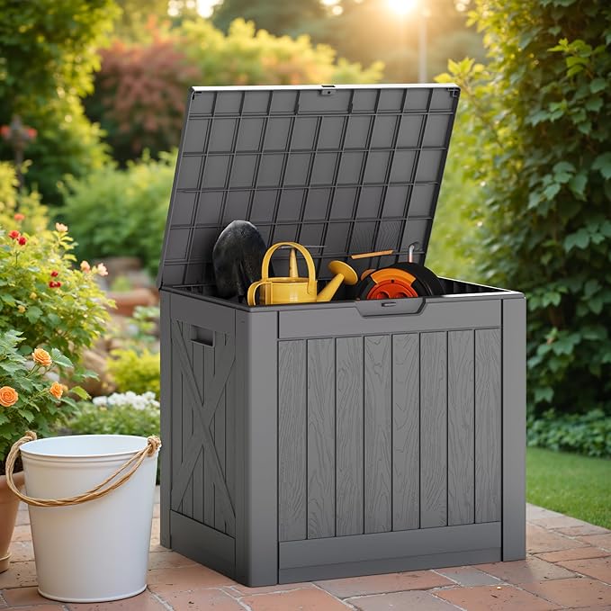Greesum 40 Gallon Outdoor Deck Box with Lock, Resin Storage Chest for Patio Furniture Cushions, Garden Tools, Pool Toys, Waterproof & UV Resistant, Large Capacity, Gray