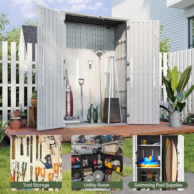 Aoxun Outdoor Storage Shed, 64 Cu.Ft Vertical Storage Sheds Outdoor with Floor, Outdoor Waterproof Storage Cabinet for Garage Storage, Pool Storage, Bike Shed, Garden Shed (White)