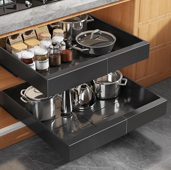 2 Pack Expandable Pull Out Cabinet Organizer 16.5"Deep With Raising Pad for Framed Cabinets,Upgrade 3 Slide Rails Slide Out Drawers,No Drill Roll Out Shelves,Adjustable Width 12.2"-20.4"Black