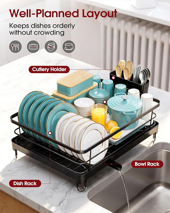Stainless Steel Dish Drying Rack for Kitchen Counter, Sink Organization and Storage Essentials with Silverware & Utensil Holder, Home and Apartment Decor, 12.5''W x 16.5'L, Black