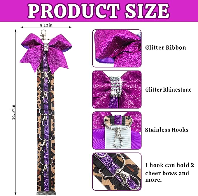 ALIBBON Cheer Bow Holder Glitter Purple Leopard Print Hair Bow Holder Cheer Keychain for Cheerleading Backpack Bag Cheerleader Gifts Sports Cheerleading Bows Storage Hanging Ribbon Chain with 5 Clasps