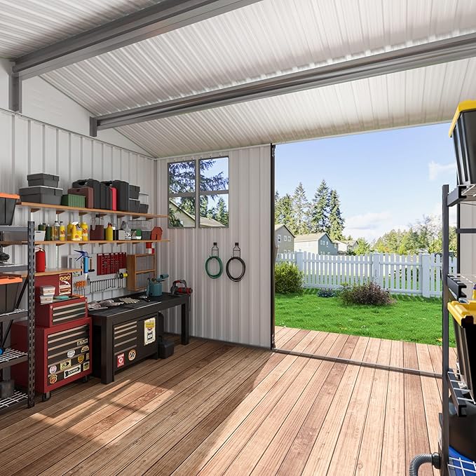 10x10 FT Outdoor Storage Shed, Metal Garden Tool Shed with Updated Frame Structure, Lockable Doors and Windows, Ideal for Backyard Garden Patio Lawn, Grey