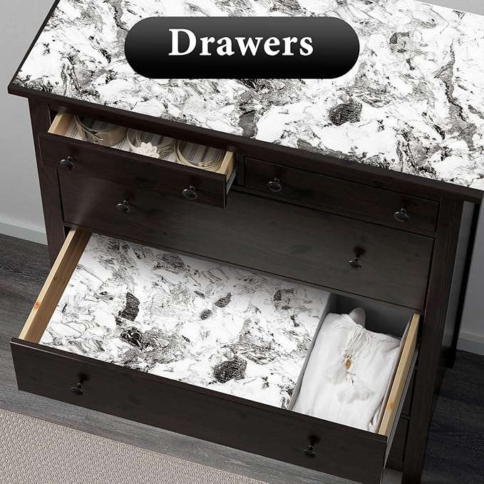 Drawer and Shelf Liner for Kitchen Cabinet: 12 in X 30 Ft Non Slip Waterproof Shelf Paper Non Adhesive Refrigerator Liners Grey and White Marble Easy Liners for Bathroom with Knife Tape Measure