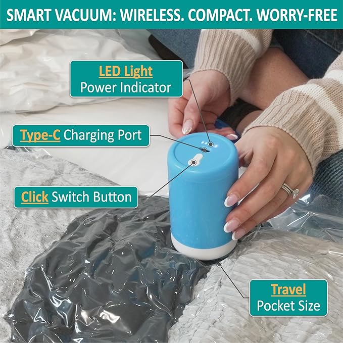 Cozy Essential 30 Pack Vacuum Storage Bags with Portable Rechargeable Wireless Electric Pump, Vacuum Seal Space Saver Bags for Clothing, Pillows, Blanket, Bedding, Comforter