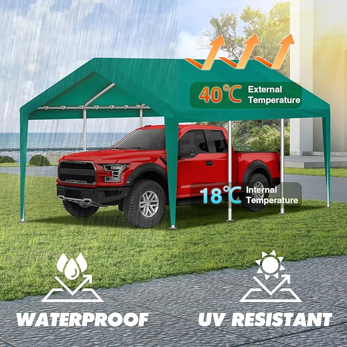 10x20FT Carport Canopy Replacement Cover Heavy Duty Waterproof & UV Protected, All Weather Car Shade Canopy with Ball Bungees (Green, 10'x20')