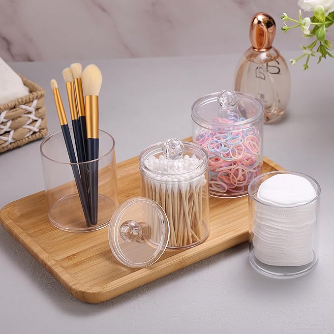 WEISHI 4 Pack Qtip Holder Dispenser - Cotton Ball, Swab, Round Pads, Floss , Small Clear Plastic Apothecary Jar Containers with Lids for Bathroom Storage and Organization, Vanity Organizer
