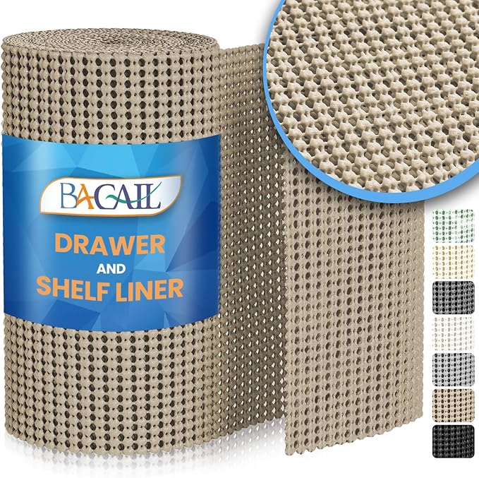 BAGAIL Drawer and Shelf Liner, 20 in X 20 Ft Non-Adhesive Shelf Liners for Kitchen Cabinets, Thick Strong Grip Liners for Desk, Shelves, Bathroom Drawers, Cabinet Protection - Beige