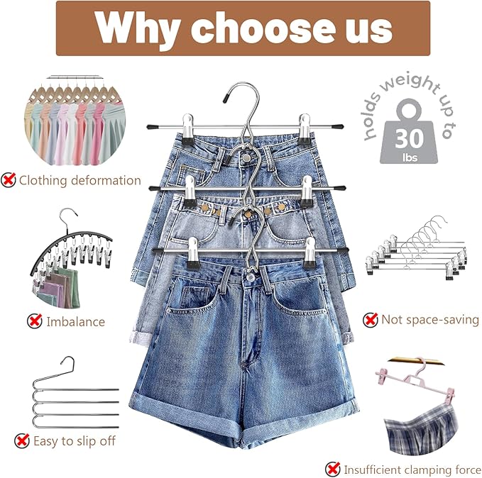 Pants Hangers Space Saving,Stackable Skirt Hangers with Clips, Hanging Closet Organizer and Storage,Clothes Hangers, College Dorm Essentials Apartment Essentials- 24 Pack