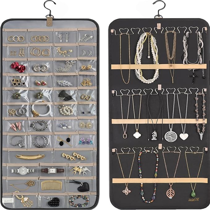 Hanging Jewelry Organizer Storage with Hanger Metal Hooks Double-Sided Jewelry Holder- Wall Mount Holder for Earrings, Necklaces, Rings on Closet, Wall, Door, 1 piece, Large, Black
