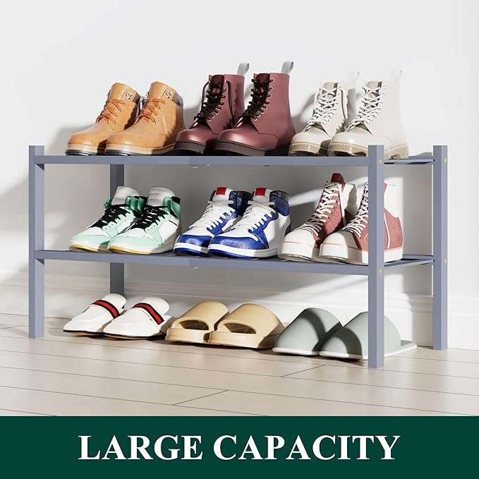 Smiry Shoe Rack, 2 Tier Bamboo Shoe Organizer, Stackable Free Standing Wooden Shoe Storage Shelf for Closet, Entryway, Front Door Entrance, Grey