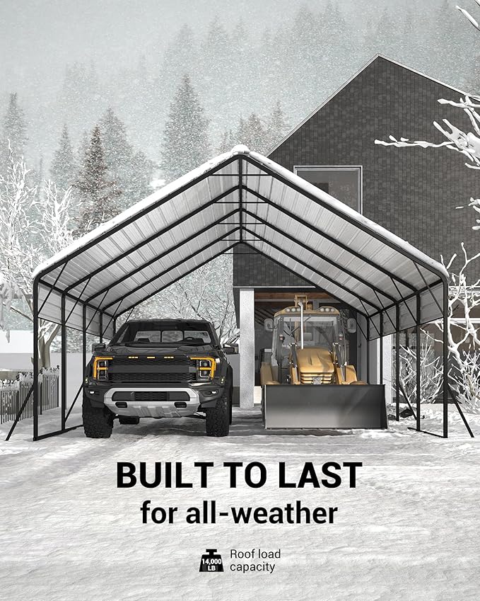 Garveelife 20 ft x20 ft x13 ft Metal Carport for 2 Cars, Heavy Duty Steel Frame for All Weather, Permanent Shelter for Boats, Full-Sized Pickup Trucks, and Tractors, N.W. 800 LBS