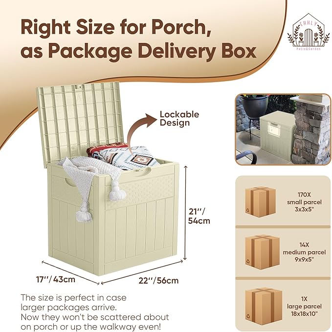 EHHLY 33 Gallon Deck Box, Small Outdoor Storage Box Waterproof, Lockable Secure Package Bin Delivery Box for Outside Front Porch, Patio Cushions Storage Box, Delivery Driver Snack Box for Porch, White
