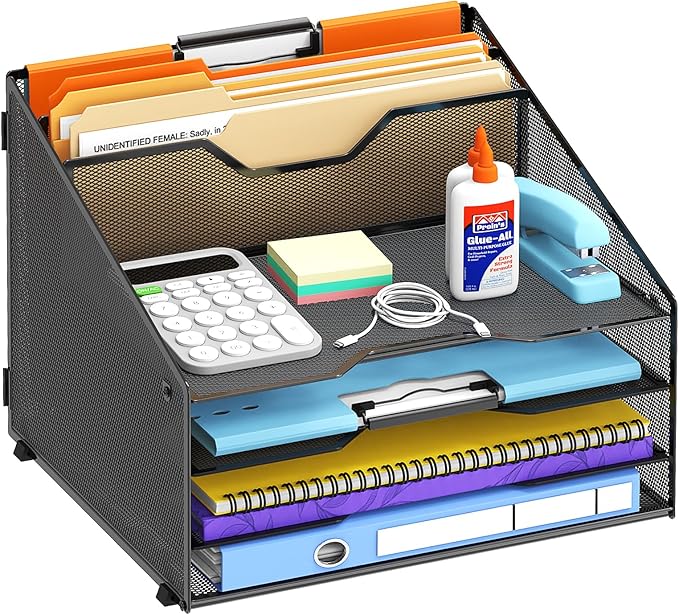 Desk File Organizer, Paper Organizer with 4 Letter Trays and 2 Vertical Upright Sections, Desk Organizers and Accessories for Office, School, Home, Black