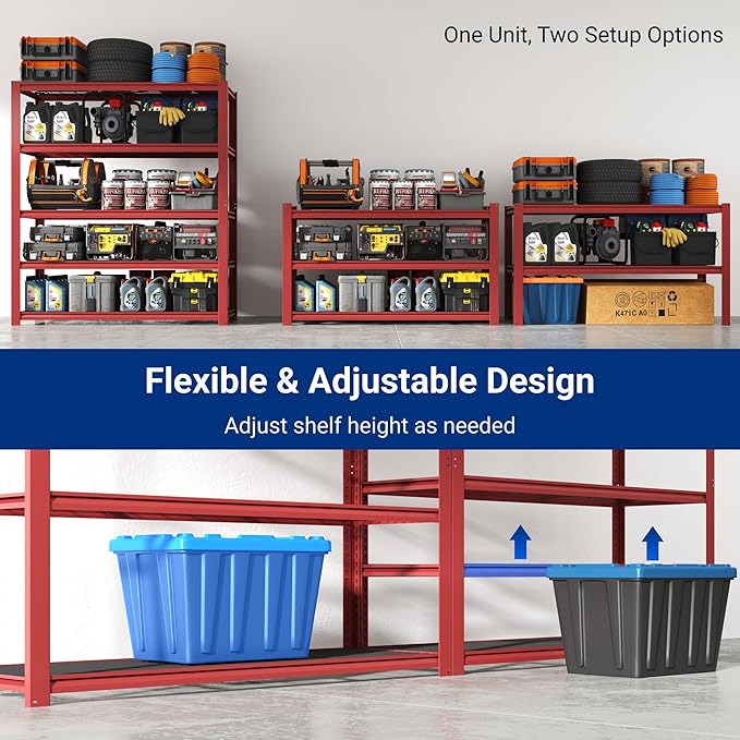 FLEXIMOUNTS 60" W Garage Shelving, 5 Tier Storage Shelves Load 1500LBS, Adjustable Garage Shelving Heavy Duty, Metal Shelves Unit for Basement, Warehouse, 60" W x 72" H x 24" D, Red