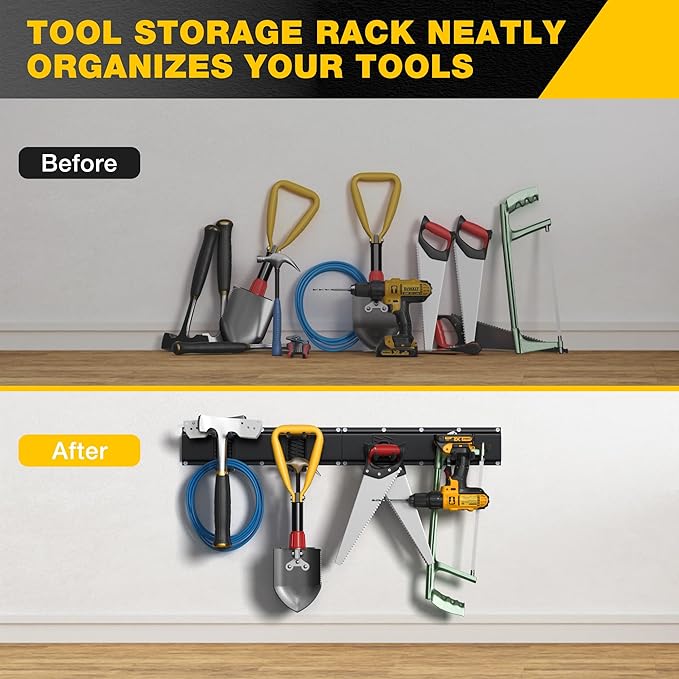 Garage Tool Organizer Wall Mount with 32 inches Rails and Adjustable Heavy-Duty Hooks, Garden Tool Organizer, Carries 300 lbs, Heavy Duty Garage Storage Rack For Yard, Shed, Workshop, Easy to Install