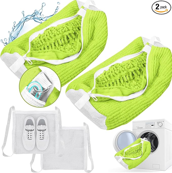 Shoe Washing Machine Bag, Shoe Laundry Bag for Washer and Dryer, Include Dry Net Bag, Reusable and Durable Zipper with Hook Design, Shoe Washing Bag for Sneaker (Green, 2 Pack)